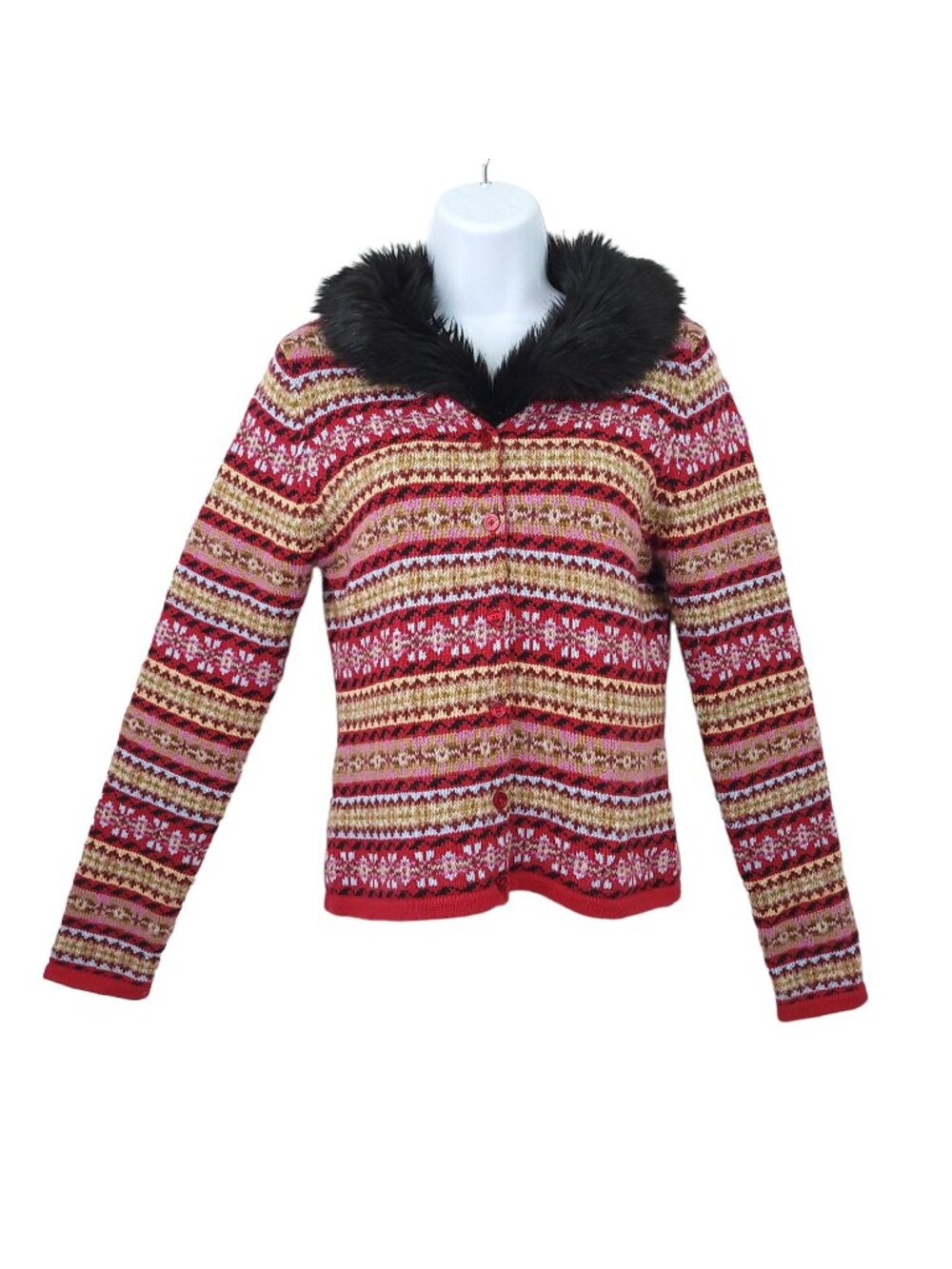 Harolds Fair Isle Cardigan Sweater S Vintage 90s Faux Fur Collar Knit Coquette